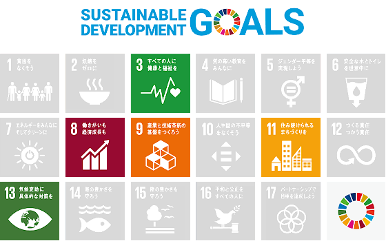 SDGs GOALS 3すべての人に健康と福祉を｜8働きがいも経済成長も｜9産業と技術革新の基盤をつくろう｜11住み続けられるまちづくりを｜13気候変動に具体的な対策を